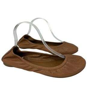 Tory Burch Reva Logo Elastic Back Ballet Flats Cognac Brown Leather Size 10